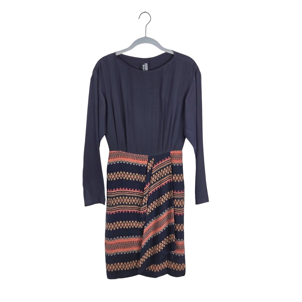 Vtg Ellen Tracy Linda Allard Petite Navy Blue Silk Long Sleeve Dress‎ Aztec Sz 2